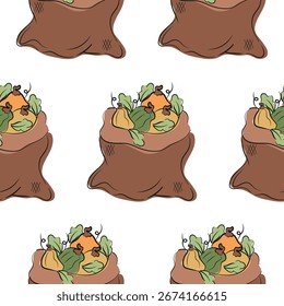 pattern with textile bag icons with pumpkins of various shapes with sketch style leaves and colored spots behind, for autumn designs, packaging or textiles