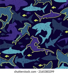 Pattern for textile or other surfaces, shark background, print for boys clothes, underwater silhouette illustration