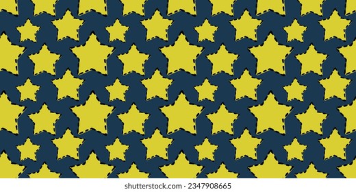 Pattern for textile, pillow, cloth, background, packaging, notepad, cup, wallpaper. Yellow stars framed by a dotted line. Blue background.