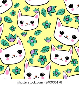 pattern textiles, fashion print. seamless cat flowers