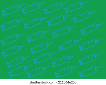 Muster Textur der blauen medizinischen Pharmakokinetik Spritze für die Medizin, Medikamente auf grünem Hintergrund. 