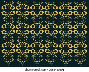 textura de patrón con casas y hojas en verde oscuro y oro