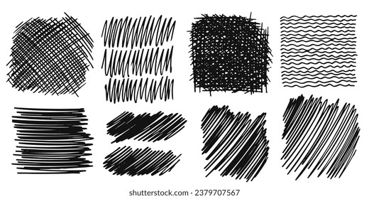 Pattern, texture, line hand drawn. Hatch drawing pen ink and crosshatch draw pencil sketch. Doodle scratch style. Black shape isolated on white background. Vintage graphic design. Vector illustration.