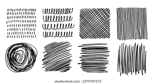 Pattern, texture, line hand drawn. Hatch drawing pen ink and crosshatch draw pencil sketch. Doodle scratch style. Black shape isolated on white background. Vintage graphic design. Vector illustration.