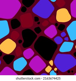 Pattern texture of mottled giraffe fur or mottled cowhide. Seamless pattern of black and colored random spots. Texture banner. Imitation of coloring of animal skins. Vector illustration on a burgundy 