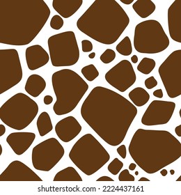Pattern texture of mottled giraffe fur or mottled cowhide. Seamless pattern of black and colored random spots. Texture banner. Imitation of coloring of animal skins. Vector illustration on a burgundy 