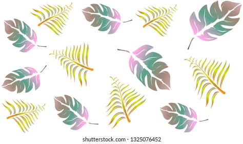 Pattern texture of palm leaves with bright pink, yellow and pink flowers