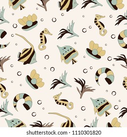 Pattern texture with seahorse, seaweed, shell, bubble and fish, wild sea life elements on background. Vector illustration