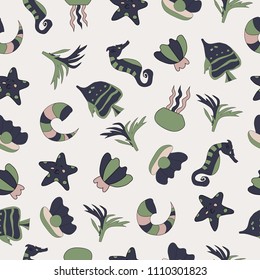 Pattern texture with seahorse, seaweed, shell, jellyfish and fish, sea elements on background. Vector illustration