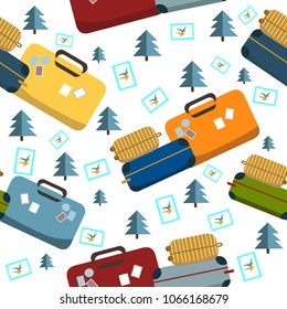 Pattern texture with travel colorfull suitcase, tree and stamp design vector illustration, travel style