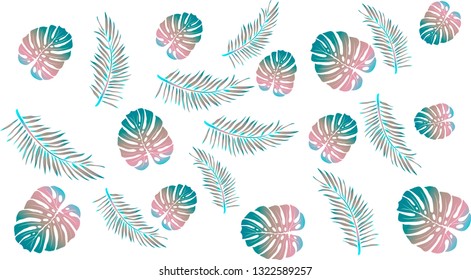 Pattern texture of tropical leaves of Monstera and palm trees in azure, blue and pink tones.
