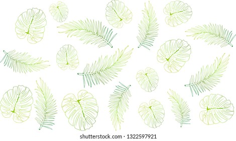 Pattern texture of tropical leaves of Monstera and palm trees in bright yellow and green colors.