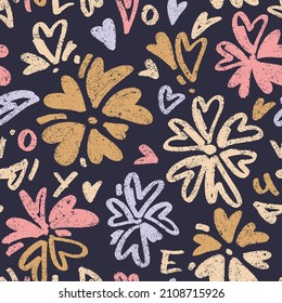 Pattern with textured hearts in flower shapes. Seamless colorful background. Repeatable hand drawn backdrop.