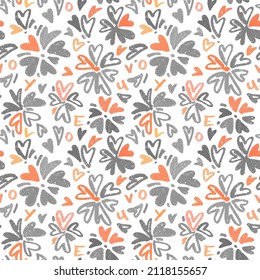 Pattern with textured hearts in flower shapes. Seamless vector background. Repeatable hand drawn backdrop.