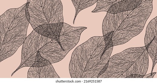 Pattern with textured linear leaf on beige background. Outline transparent leaves