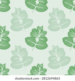  pattern with textured mint leaves and herbal prints in linocut style, ideal for organic cosmetics packaging, kitchen textiles, tea branding, and fresh wellness backgrounds, featuring a clean monochro
