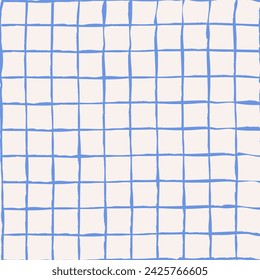 Pattern with a textured square grid. Retro linear chessboard. Blue lines on a white background. Cells in a notebook. Vector illustration. Vector checkered wallpaper for print patterns or textiles.