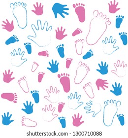 Pattern of textures with baby imprints of hands and feet of pink and blue color, which can be used for printing of packaging paper, decorations, fabrics, leaflets, cards. Vector.