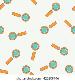 Pattern textures of cute line icons magnifier orange color. Magnifying glass sign in flat style. Loupe background for school, office, science. Vector illustration.