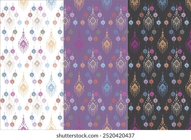 pattern Thai purple ,The background has delicate, beautiful lines, multi-colored flowers, pastel colors, fabric prints, bag prints.