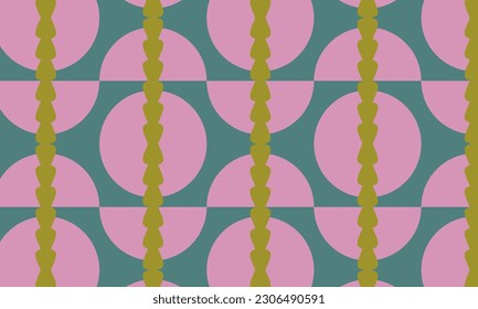 Pattern that combines circles and semicircles with turned bars. Pastel,turquoise,pink and gold colors.Geometric mosaic.For tiles, textile, packaging, branding, design, graphics, decor and stationery