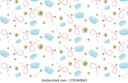 Pattern that consists of surgical masks, stethoscopes and bacteria