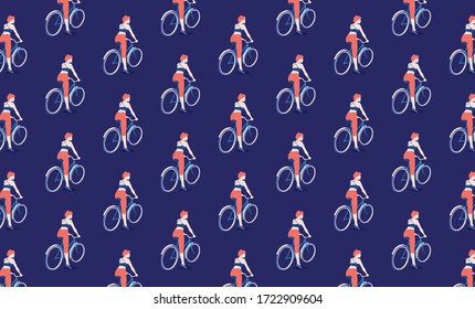
Muster, das ein rot-haariges Mädchen auf einem Fahrrad auf blauem Hintergrund darstellt