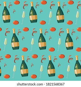 A pattern that shows champagne glasses and tangerines. New year and Christmas.