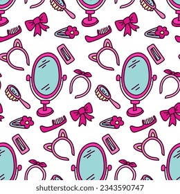 A pattern in the theme of barbie jewelry on a white background. A mirror, a comb, a hoop, a bow and other details of jewelry for a girl. Printing on the package