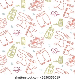 Pattern theme of fitness, sports, proper nutrition. Clothing, drinks, vitamins, sneakers. Seamless color doodle. Design of packaging. Suitable for projects about sports, nutrition, active lifestyle