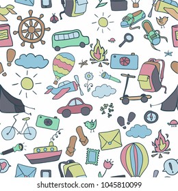 Pattern with the theme of travel. Bright symbols on a white background. Multicolored stylized elements. Vector high-resolution image for printing. The theme of recreation, travel, sea, tourism.
