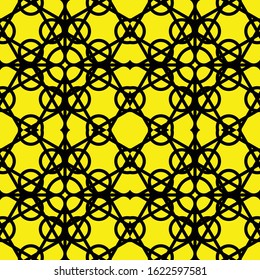 pattern with thick black lines forming a symmetrical circle and square against a yellow background