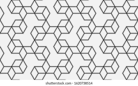 Pattern with thin blured straight lines and geometric shapes on light background. Seamless abstract linear stylish texture. Monochrome modern background. Linear graphic illustration.