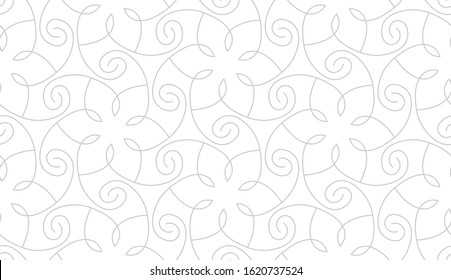Pattern with thin curl lines, flowers and scrolls on white background. Monochrome abstract floral pattern in Arabic style. Decorative vector lattice. Seamless modern vector bacground.