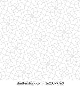 Pattern with thin curl lines, flowers and scrolls on white background. Monochrome abstract floral pattern in Arabic style. Decorative vector lattice. Seamless modern vector bacground.