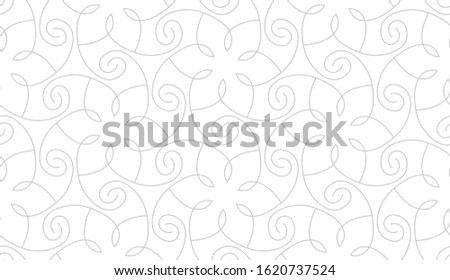 Pattern with thin curl lines, flowers and scrolls on white background. Monochrome abstract floral pattern in Arabic style. Decorative vector lattice. Seamless modern vector bacground.
