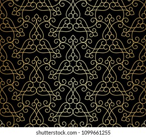 Pattern with thin curl lines and scrolls. Seamless Monochrome abstract floral vector background. Decorative arabic  lattice.