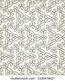 Pattern with thin curl lines and scrolls. Seamless Monochrome abstract floral vector background. Decorative arabic  lattice.