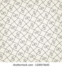 Pattern with thin curl lines and scrolls. Seamless Monochrome abstract floral vector background. Decorative arabic  lattice.