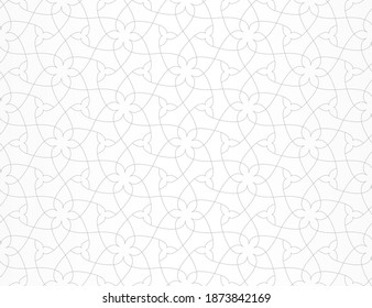 Pattern with thin curl lines and scrolls on white background. Monochrome abstract floral linear texture. Seamless ornamental design. Vector design for swatches, fabric, wrapping in Arabic style.