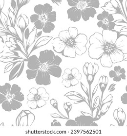 Pattern with thin curl lines and stylized leaves hand drawing. Not AI, Monochrome abstract floral linear texture. Seamless vector gray with butterflies design.