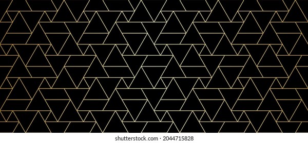 Pattern with thin gold lines and triangles on black background. Vector trendy abstract texture for modern design. Seamless linear pattern for fabric, textile. Modern monochrome geometric swatch.