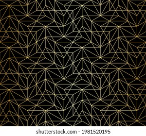 Patrón con delgadas líneas doradas y polígonos sobre fondo negro. Diseño geométrico lineal sin fisuras para textiles, tejidos y envolturas. Antecedentes de vectores para el diseño moderno.