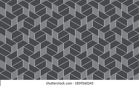 Pattern with thin light grey poly lines and polygons on black background. Seamless linear geometric design for textile, fabric and wrapping. Vector Abstract background.