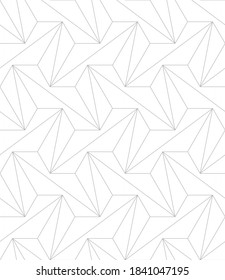 Pattern with thin lines and polygons forming a three-dimensional surface. Stylish abstract geometric diamond texture. Seamless linear pattern for fabric, textile and wrapping. White stylish swatch.