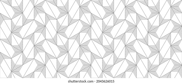 Pattern with thin lines and polygons forming a 3D surface. Vector abstract geometric diamond texture. Seamless linear pattern for fabric, textile and wrapping. Trendy monochrome background.