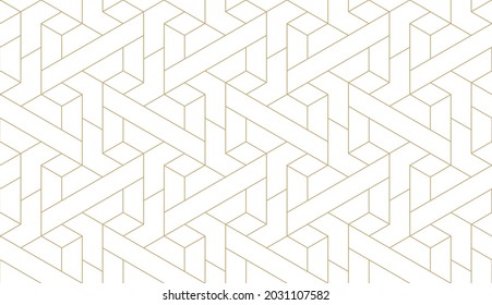 Pattern with thin straight gold lines and geometric shapes on white background. Seamless abstract monochrome linear texture. Vector hexagonal background. Linear graphic design for print.