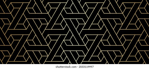 Pattern with thin straight gold lines and geometric shapes on white background. Seamless abstract monochrome linear texture. Vector hexagonal background. Linear graphic design for print.