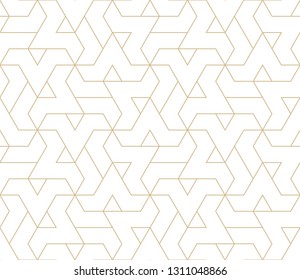 Pattern with thin straight golden lines and geometric shapes on white background. Abstract linear stylish texture. Monochrome modern background. Linear graphic illustration. White texture.