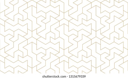 Pattern with thin straight golden lines and geometric shapes on white background. Abstract linear stylish texture. Monochrome modern background. Linear graphic illustration. White texture.